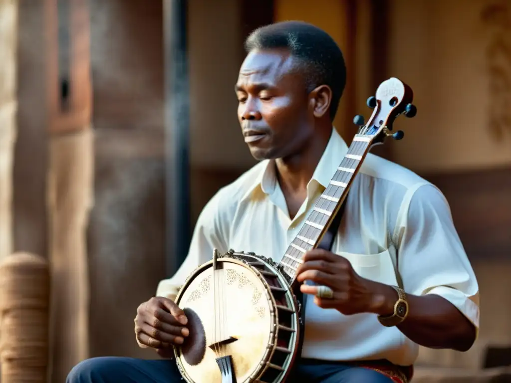 Un músico africano toca un instrumento similar al banjo, mostrando los orígenes africanos del banjo en una imagen documental cálida y detallada