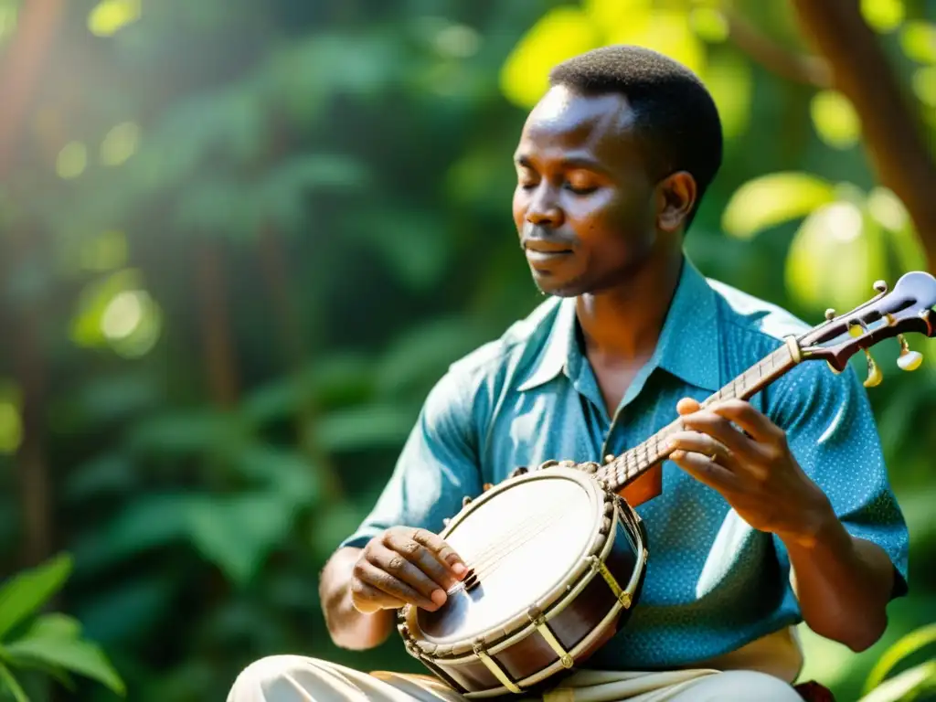 Un músico africano toca un instrumento similar al banjo entre exuberante vegetación