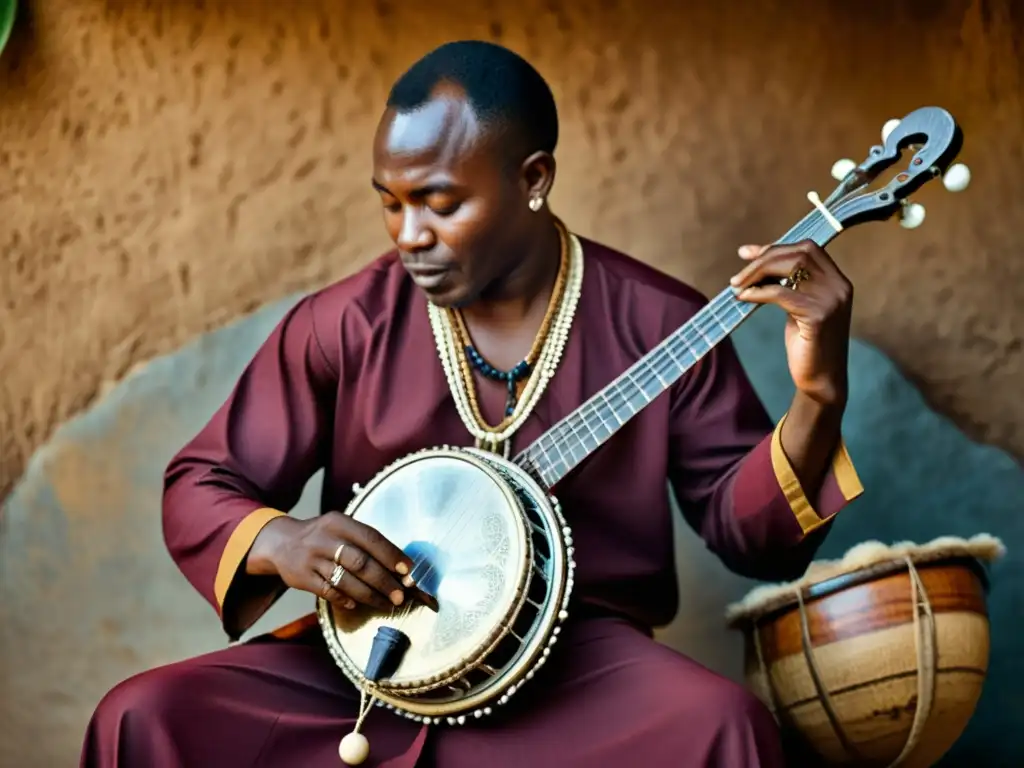 Un músico africano toca un instrumento similar al banjo, mostrando sus raíces culturales