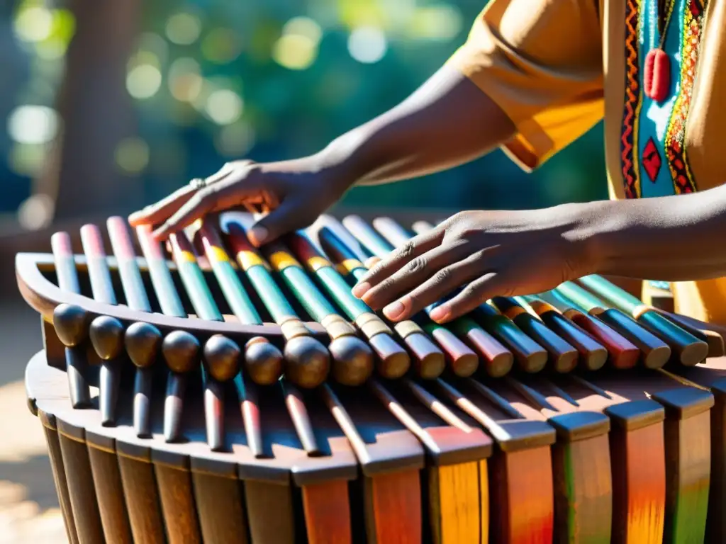 Un músico africano descansa las manos sobre una marimba tradicional bellamente decorada, con sombras y luz filtrándose a través de las hojas