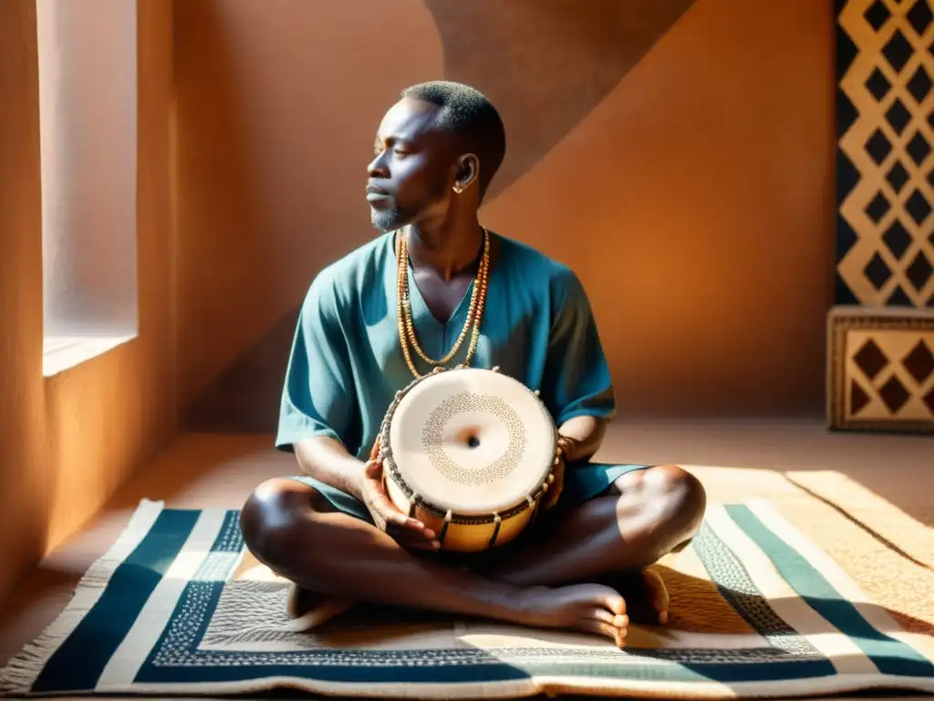 Un músico africano tocando un Udu con maestría, rodeado de instrumentos artesanales