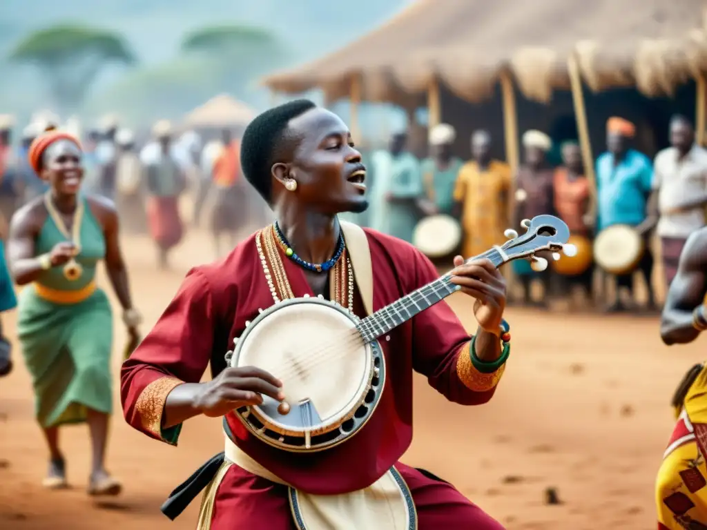 Un músico africano con traje tradicional toca un instrumento similar al banjo rodeado de gente bailando y tocando otros instrumentos