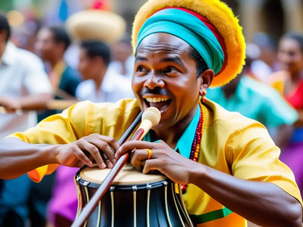 Un músico afrocolombiano toca el pito atravesado en vibrante festival, con danzas y trajes tradicionales