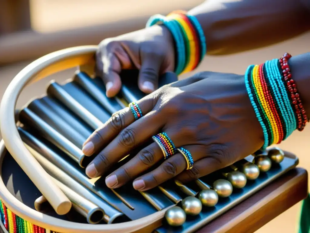 Un músico hábil toca el Agidigbo, bajo lamelófono cultura Yoruba