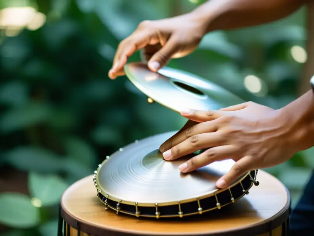 Un músico toca el Hang Drum al aire libre, con detalles metálicos y movimiento