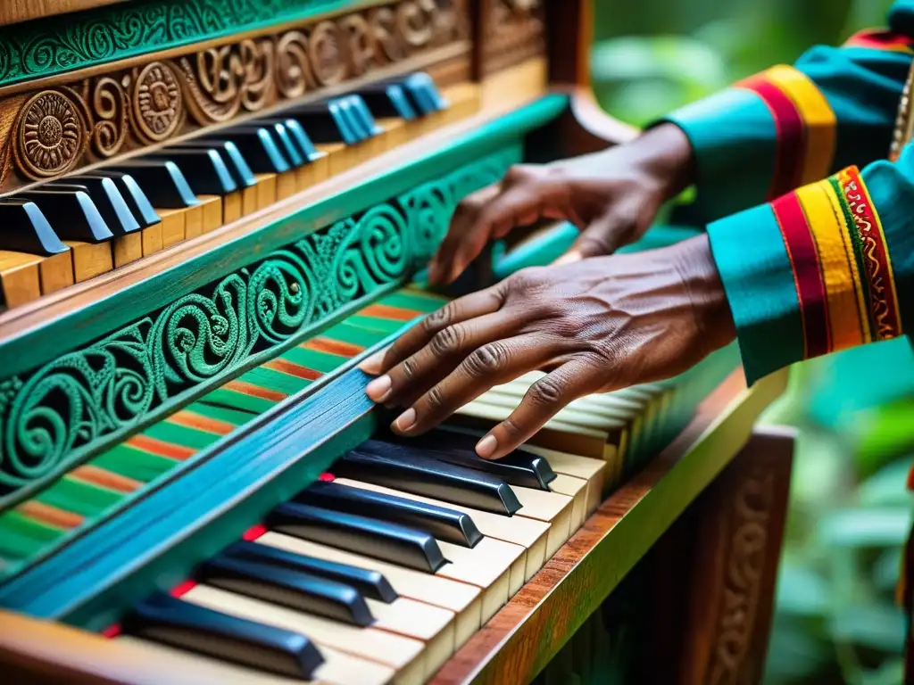 Un músico amazónico toca con pasión un hermoso Piano de la Selva, con diseños intrincados y colores vibrantes