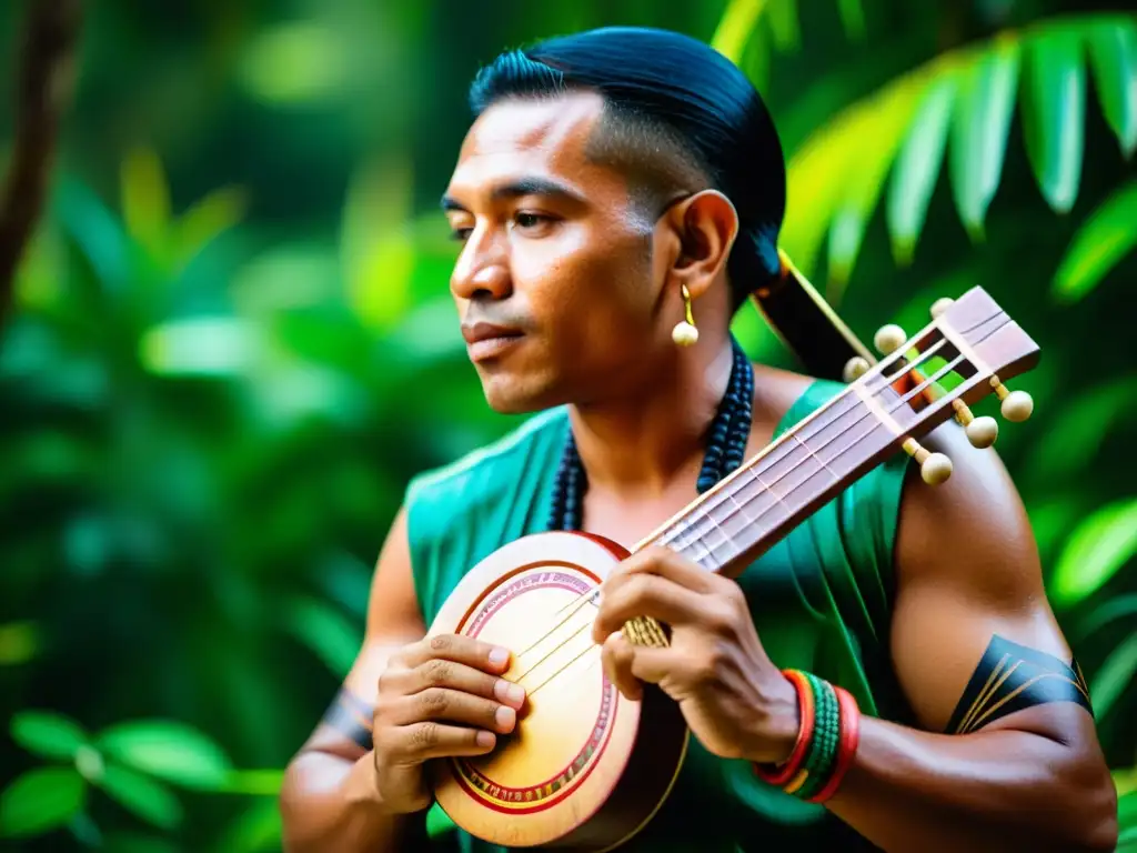 Un músico amazónico toca con pasión un mirlitón tallado, rodeado de la exuberante selva y arte indígena del Amazonas