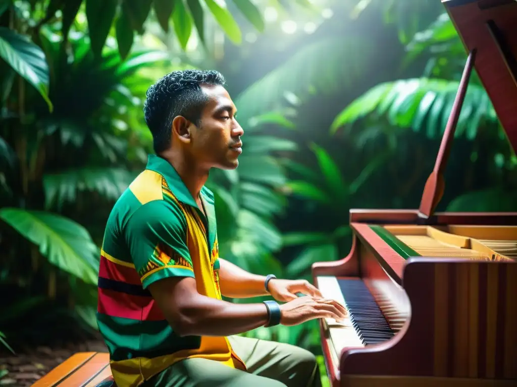 Un músico amazónico toca apasionadamente un piano de madera rodeado de exuberante vegetación, en una escena llena de tradición y riqueza cultural