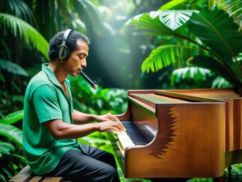 Un músico amazónico toca un piano de madera en la exuberante selva, mostrando la importancia cultural del Piano de la Selva en la Música Amazónica