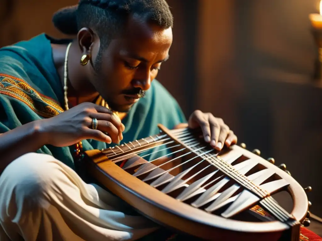 Un músico toca una nyckelharpa etíope en un ambiente atmosférico