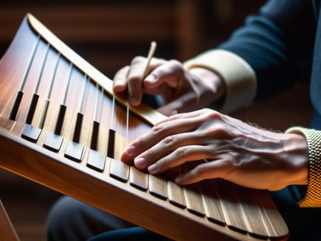 Un músico toca el kantele finlandés en un ambiente cálido y atmosférico, mostrando la riqueza tonal del instrumento y la destreza de sus manos