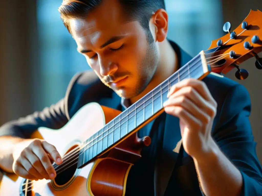 Un músico tocando una Drehleier en un ambiente cálido y tradicional, con detalles detallados del instrumento y una conexión emocional con la música