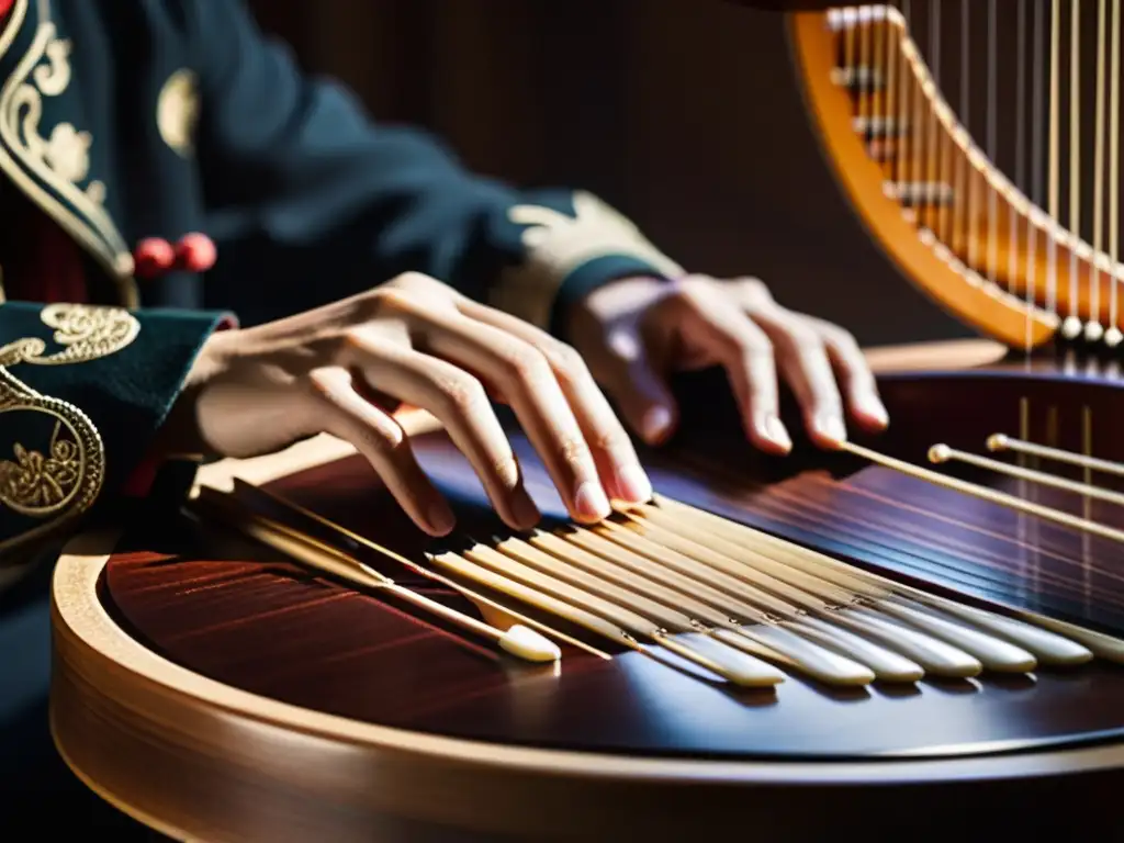 Un músico toca con precisión el Guzheng en un ambiente evocador, resaltando la historia y sonido del Guzheng en la cultura china