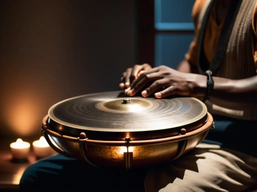 Un músico toca el hang drum en un ambiente íntimo y tenue, capturando la emoción y el impacto del hang drum en la música