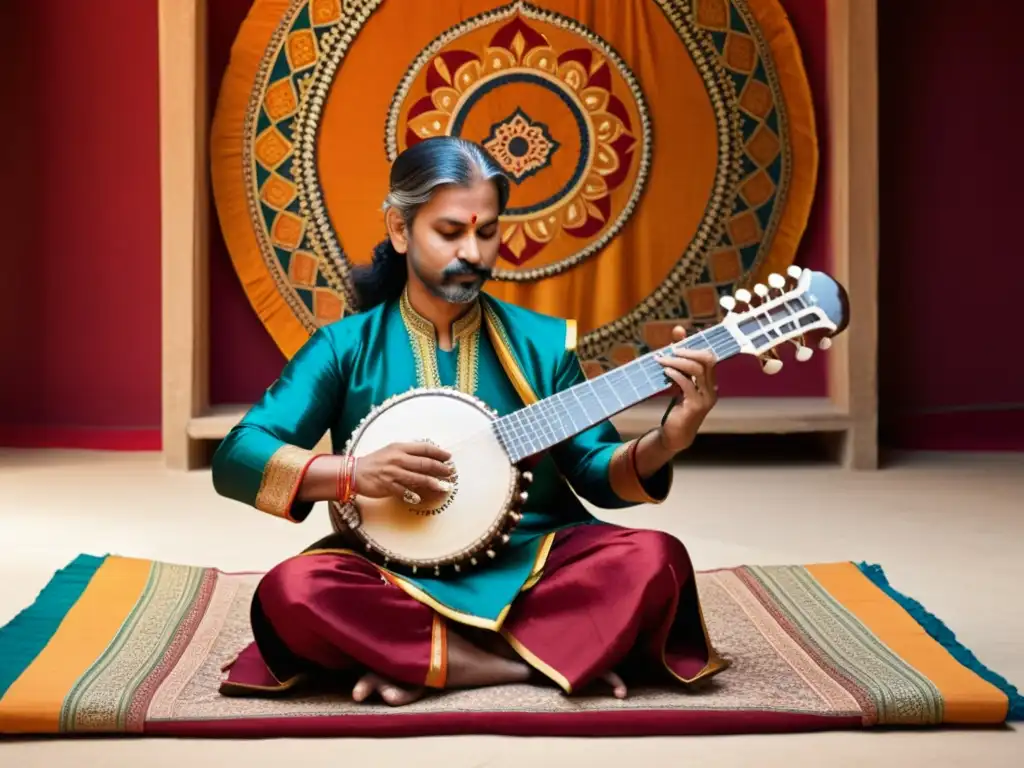 Un músico hábil toca el sitar en un ambiente tradicional indio, creando una experiencia visual y auditiva única