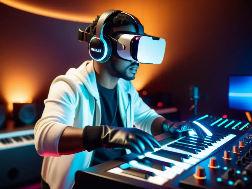 Un músico crea ambientes realistas con instrumentos virtuales en un estudio de grabación futurista usando gafas de realidad virtual y guantes