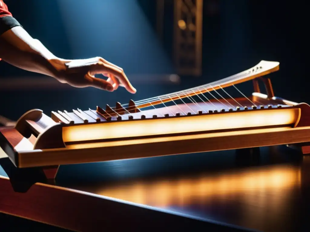 Un músico toca un guzheng amplificado en un escenario tenue, fusionando la estética tradicional china con la innovación musical contemporánea