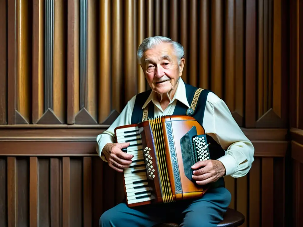 Un músico anciano toca un acordeón diatónico decorado en una habitación atmosférica