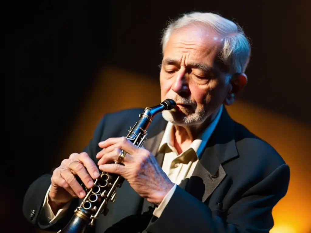 Un músico anciano toca el clarinete con pasión en una actuación de música klezmer, mostrando autenticidad cultural y técnicas de viento