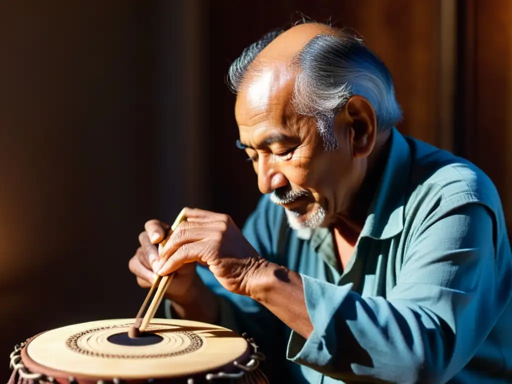 Un músico anciano interpreta música étnica con pasión, a la luz del atardecer