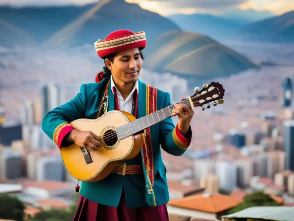 Un músico andino toca el charango con la ciudad de fondo, fusionando tradición y modernidad en la Revolución Andina Era Digital