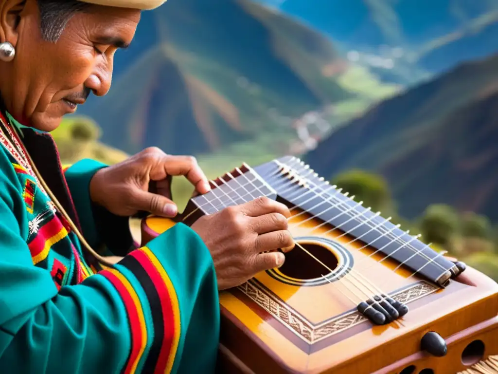 Un músico andino toca el charango con destreza, envuelto en colores vibrantes y montañas impresionantes, mostrando la historia del charango andino