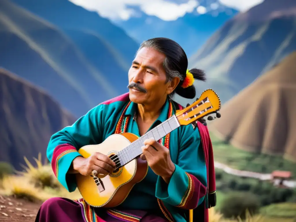 Un músico andino toca el charango frente a los imponentes Andes, destacando la historia del charango andino