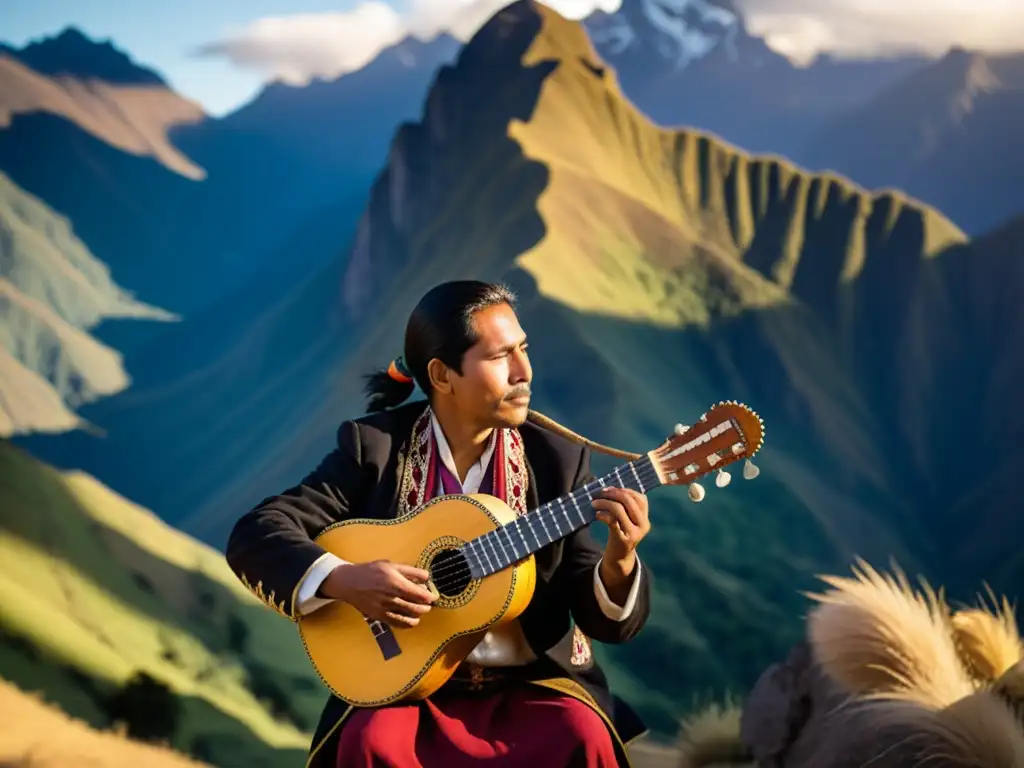 Un músico andino toca el charango frente a los majestuosos Andes al atardecer, mostrando la historia del charango andino