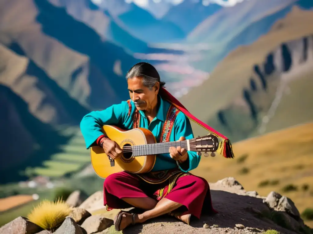 Un músico andino toca apasionadamente el charango frente a majestuosas montañas