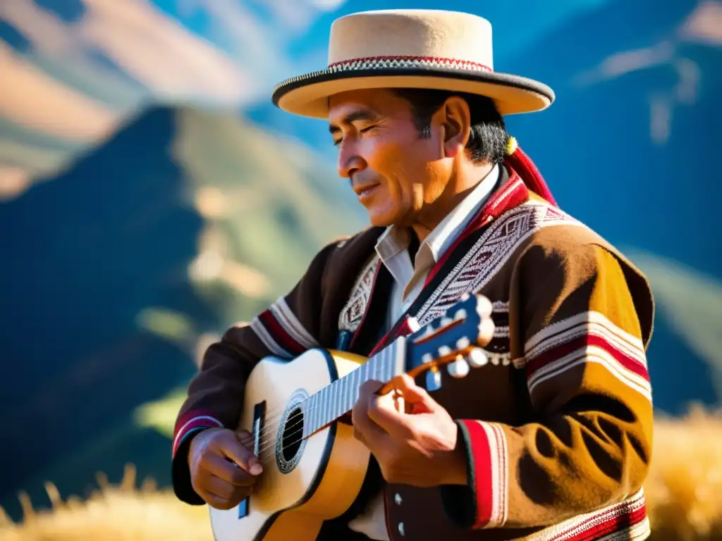 Un músico andino toca apasionadamente el charango en medio de un paisaje montañoso