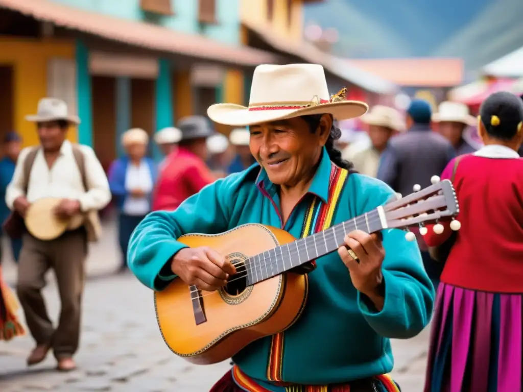 Un músico andino toca el charango en un mercado bullicioso, rodeado de espectadores y montañas nevadas, capturando la historia del charango andino