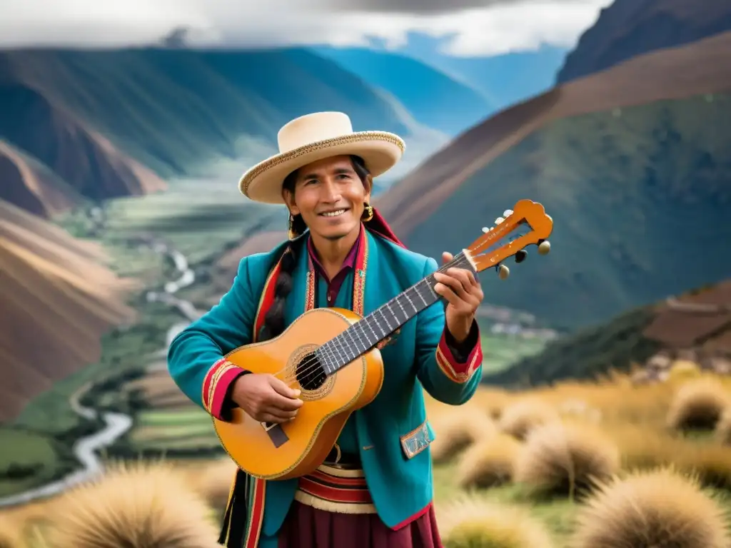 Un músico andino sostiene un charango, rodeado de montañas