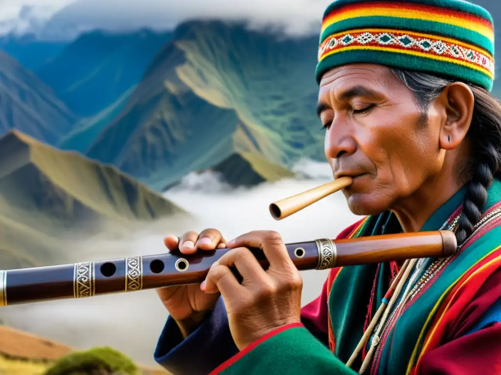 Un músico andino con destreza toca la quena, una flauta tradicional