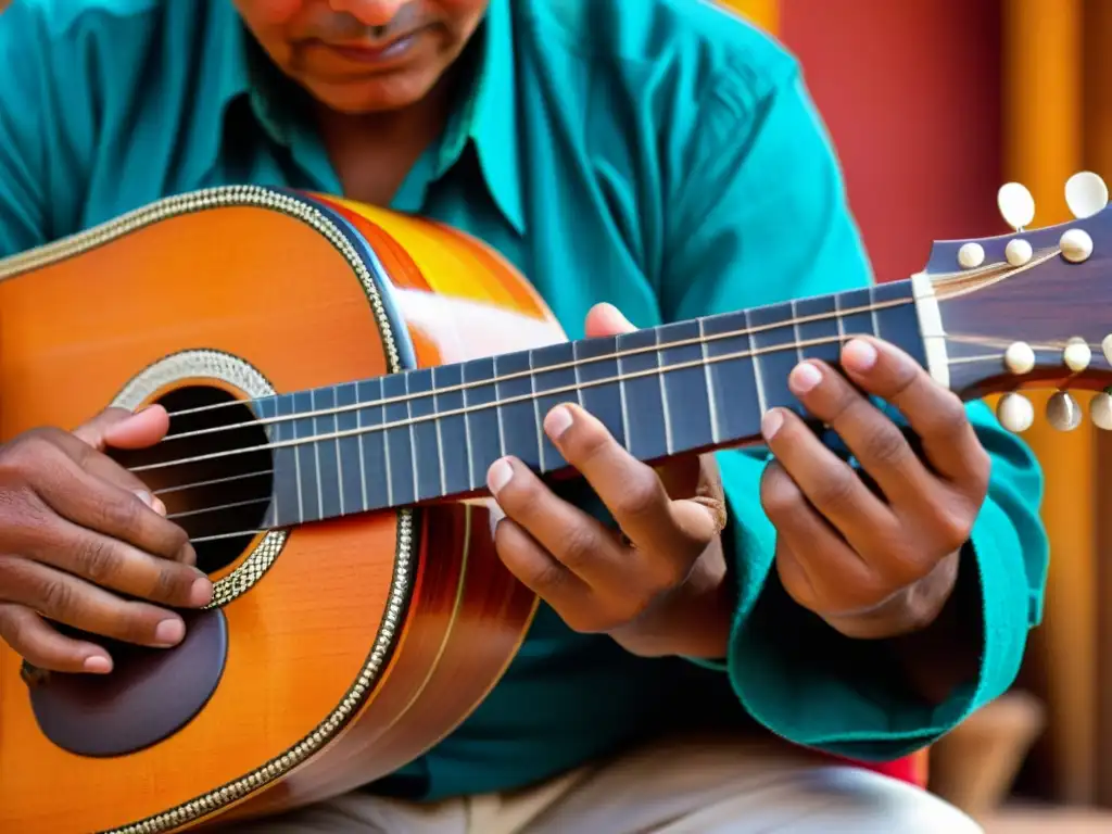 Un músico andino experto toca el charango con pasión, mostrando la historia del charango andino en una imagen documental de gran detalle y colorido