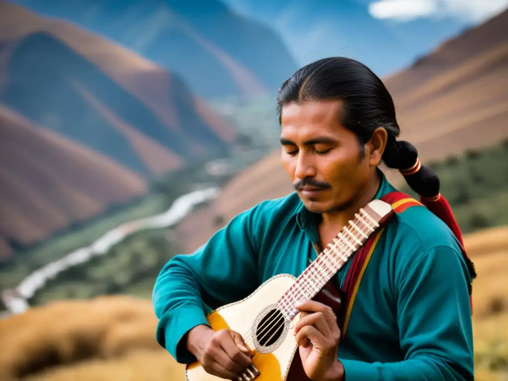 Un músico andino experto toca el charango con pasión frente a los majestuosos Andes, capturando la historia del charango andino cultural