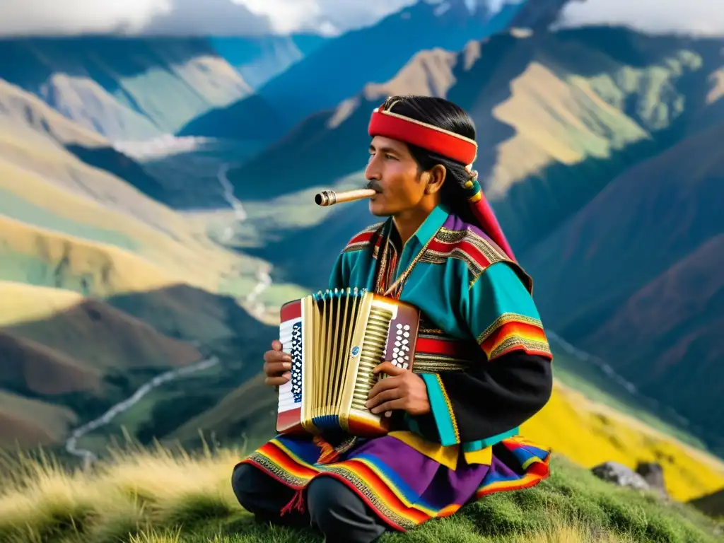 Un músico andino toca una flauta tradicional en un paisaje montañoso