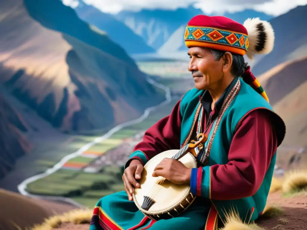 Un músico andino habilidoso vistiendo traje tradicional mientras toca la quena, con las montañas andinas de fondo