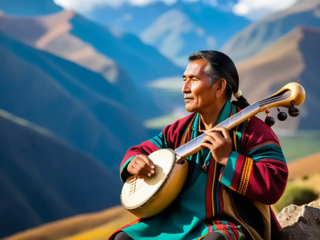 Un músico andino habilidoso toca la quena frente a un paisaje montañoso impresionante, destacando la importancia cultural de la quena andina