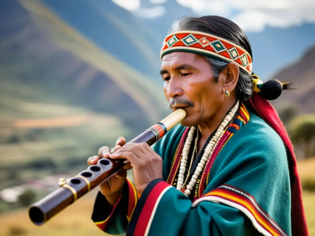 Un músico andino, vistiendo traje tradicional, toca la quena frente a majestuosas montañas