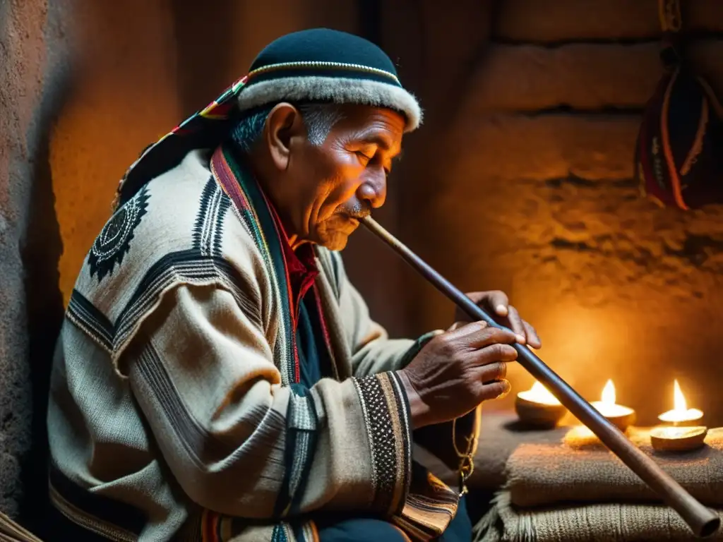 Un músico andino toca la zampoña en un ambiente íntimo, iluminado por velas, mostrando la historia y construcción de la zampoña