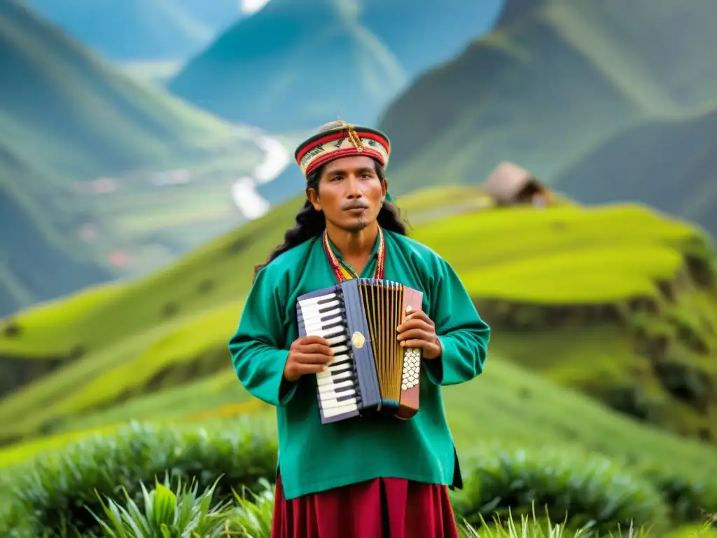 Un músico andino toca la zampoña en un paisaje montañoso, rodeado de músicos y vistiendo trajes coloridos