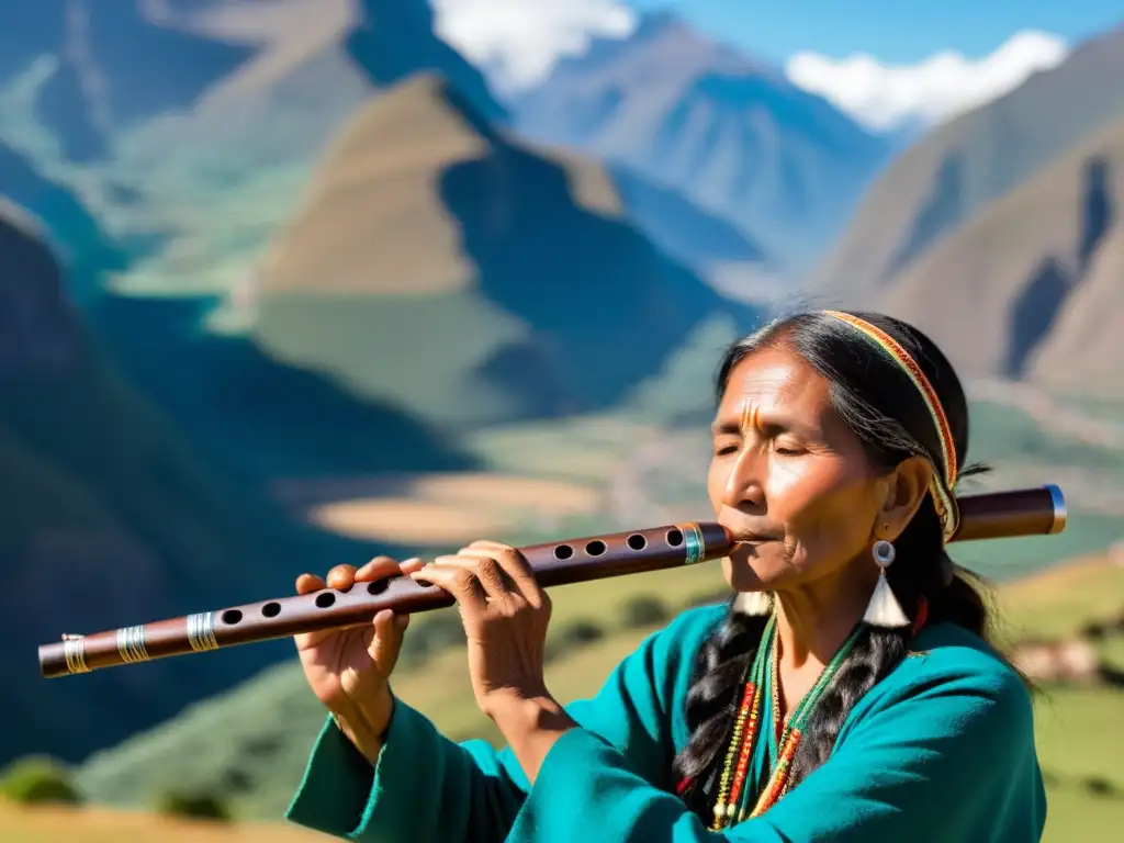 Un músico andino toca la zampoña en un paisaje montañoso, capturando la esencia de la historia zampoña andina