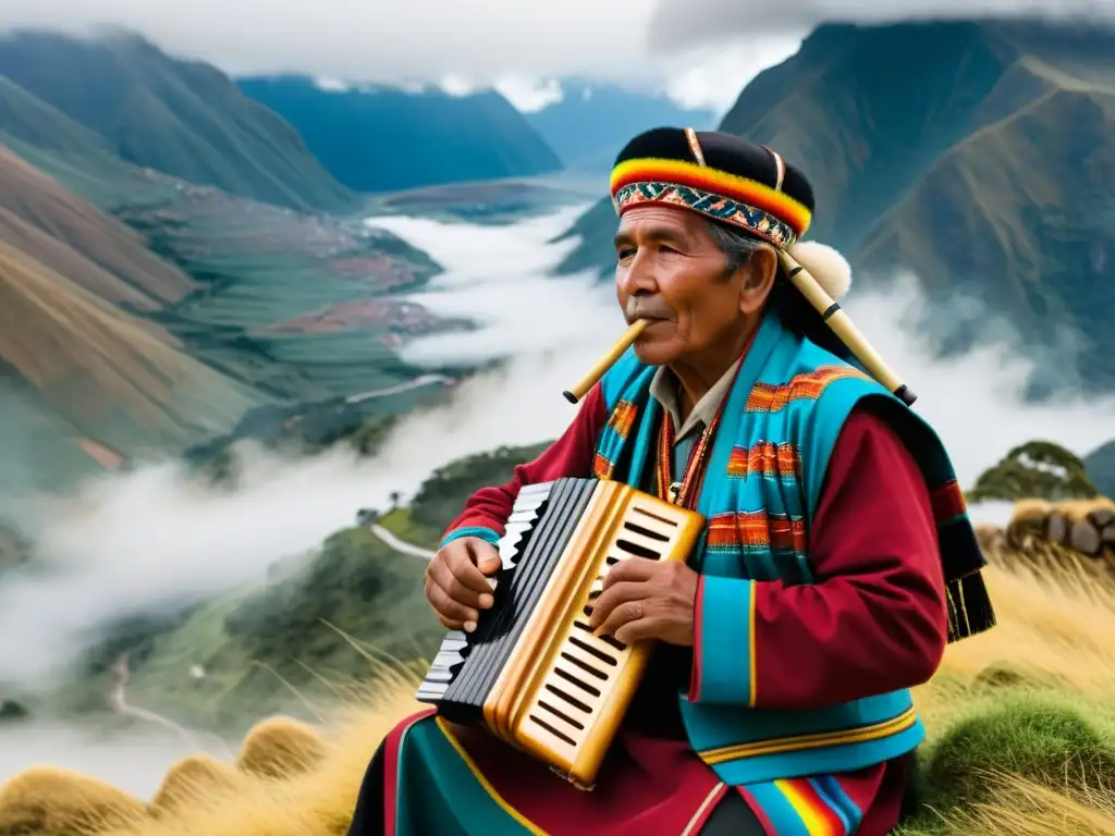 Un músico andino toca la zampoña, con paisaje montañoso neblinoso al fondo