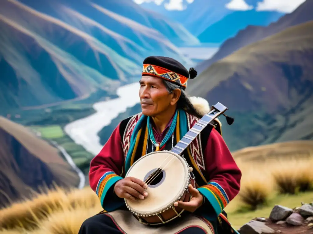 Un músico andino interpreta apasionadamente la zampoña, rodeado de montañas, mostrando la artesanía y la autenticidad