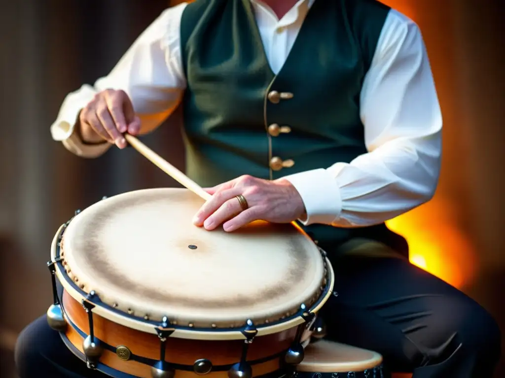 Un músico apasionado toca el Bodhrán con técnica y precisión, resaltando su importancia en la música celta