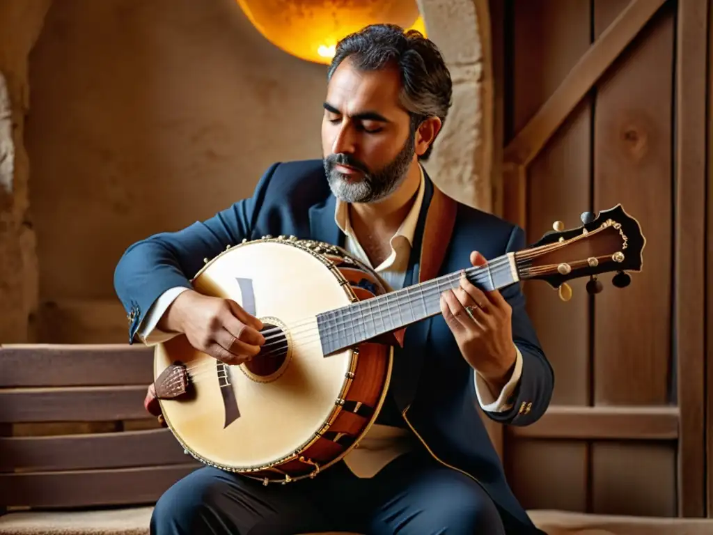 Un músico apasionado toca el bouzouki griego con destreza, exudando historia y relevancia cultural del instrumento