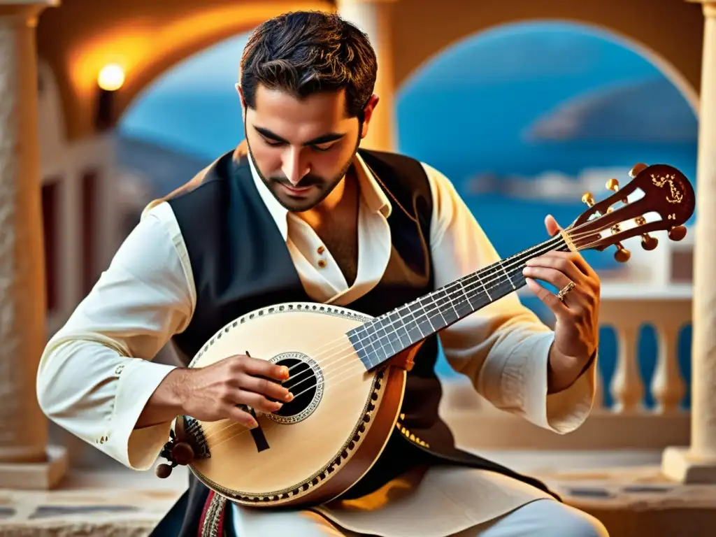 Un músico apasionado toca un bouzouki griego en un vibrante espectáculo musical, mostrando la rica historia y los géneros musicales griegos