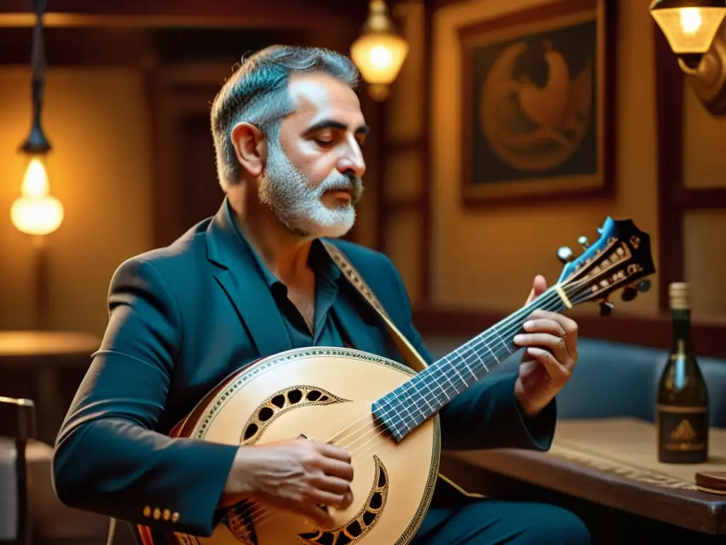 Un músico apasionado toca un bouzouki griego en una taberna, iluminado por una cálida luz ambiente, evocando la rica historia y sonido del instrumento