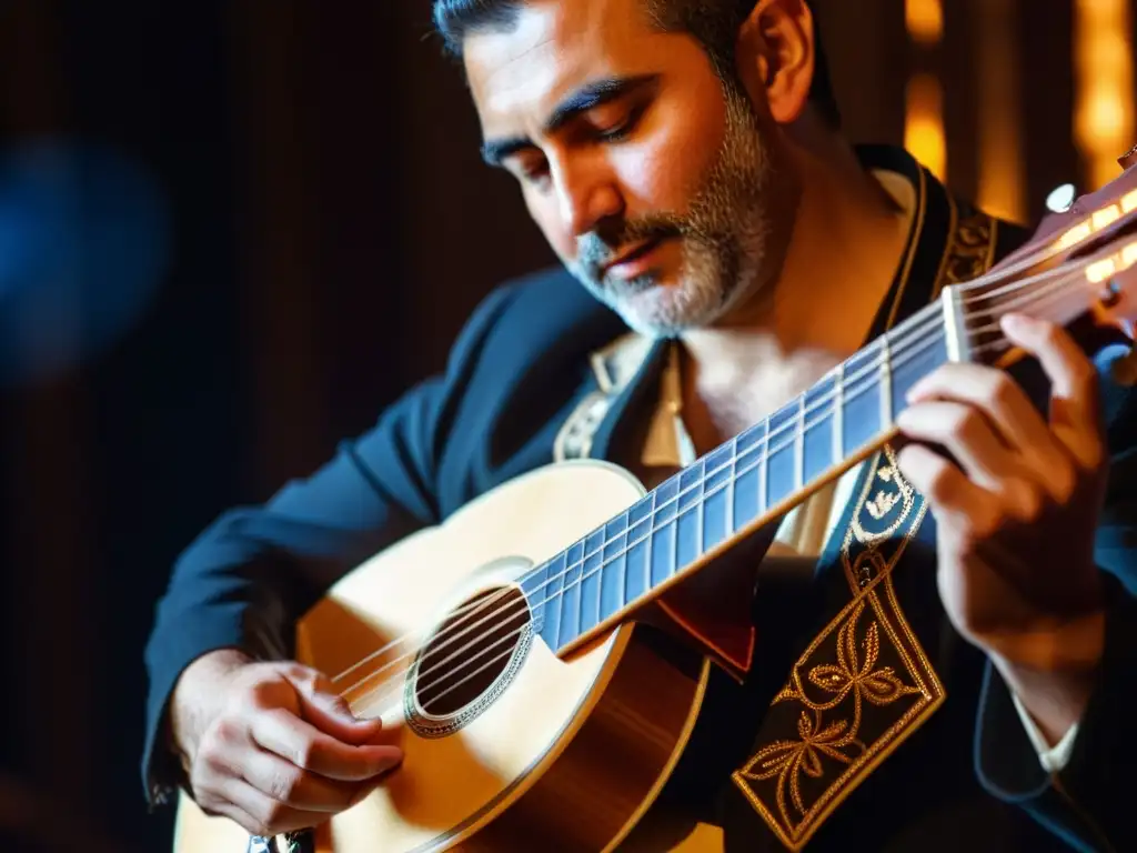 Un músico apasionado toca un bouzouki griego en un escenario tenue, transmitiendo la riqueza de la música moderna