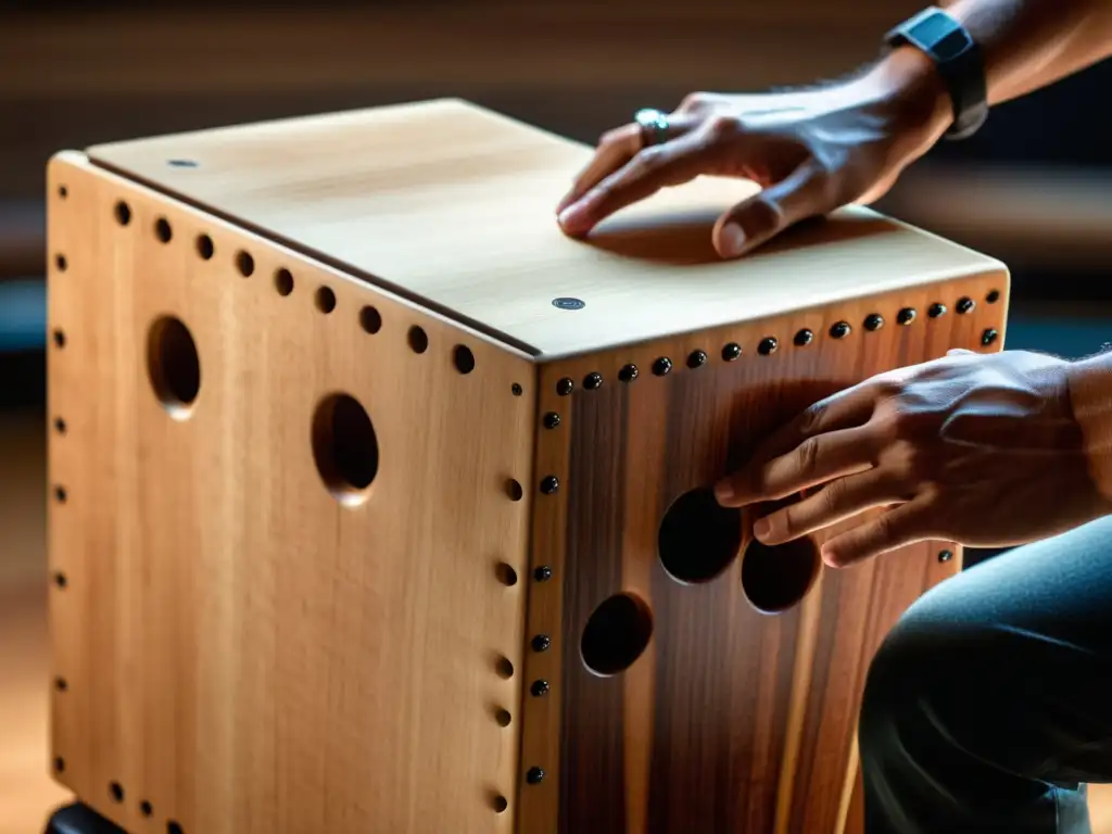 Un músico apasionado toca un cajón, destacando sus detalles en madera